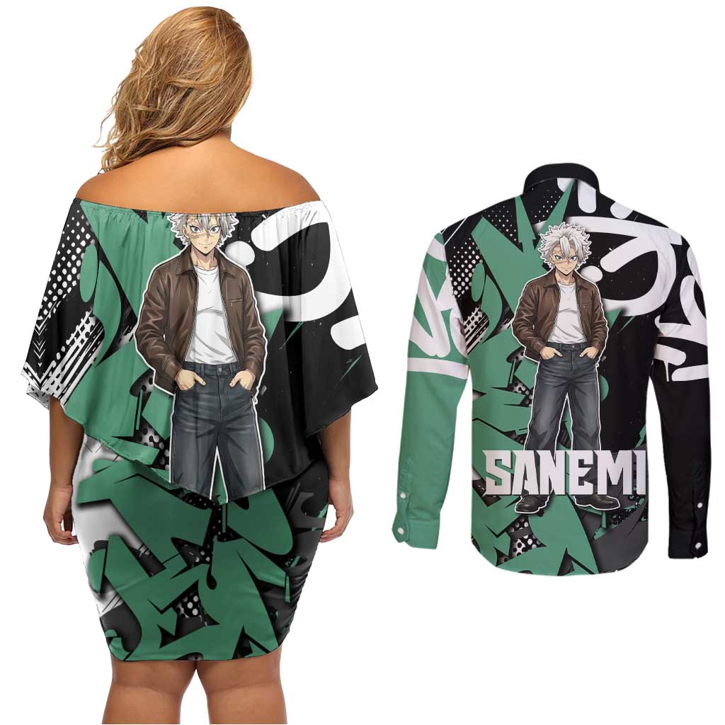 Sanemi Demon Slayer Couples Matching Off Shoulder Short Dress and Long Sleeve Button Shirt Graffiti Street Anime Design