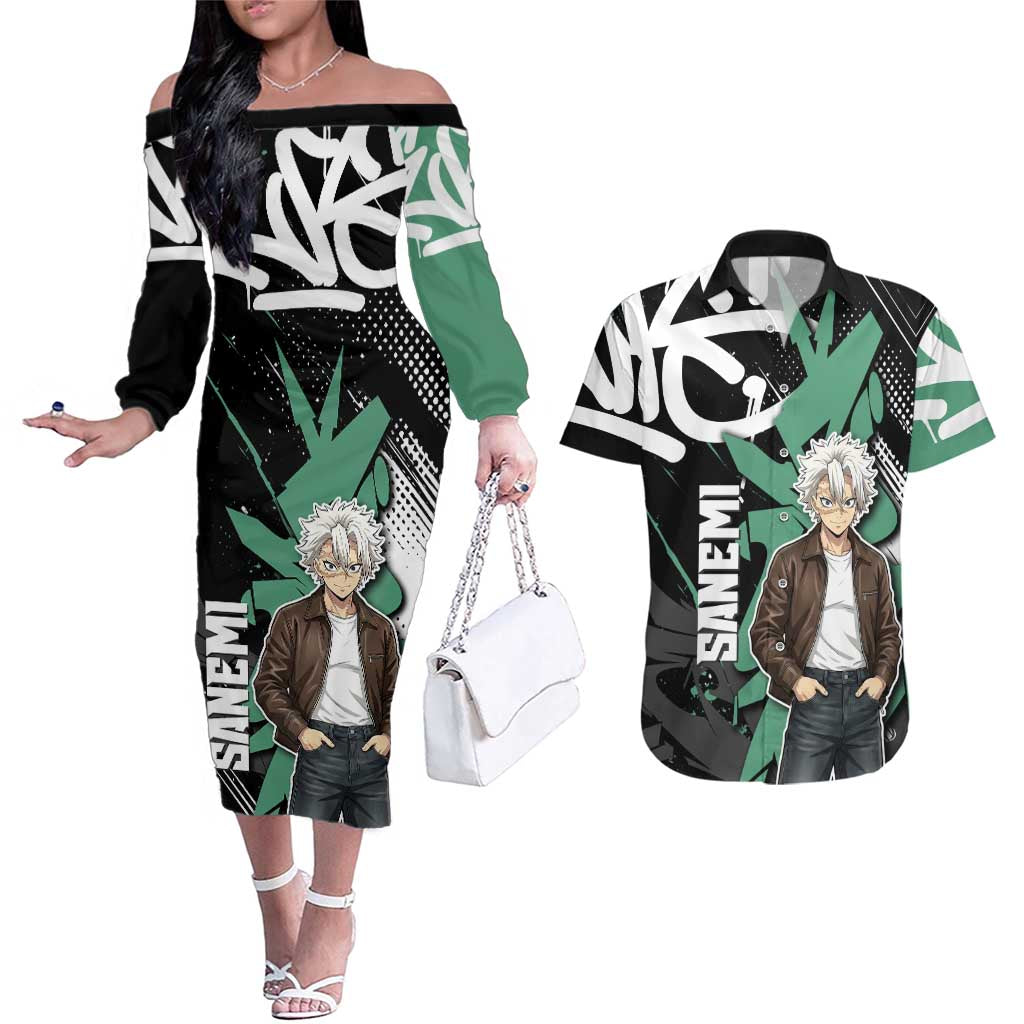 Sanemi Demon Slayer Couples Matching Off The Shoulder Long Sleeve Dress and Hawaiian Shirt Graffiti Street Anime Design