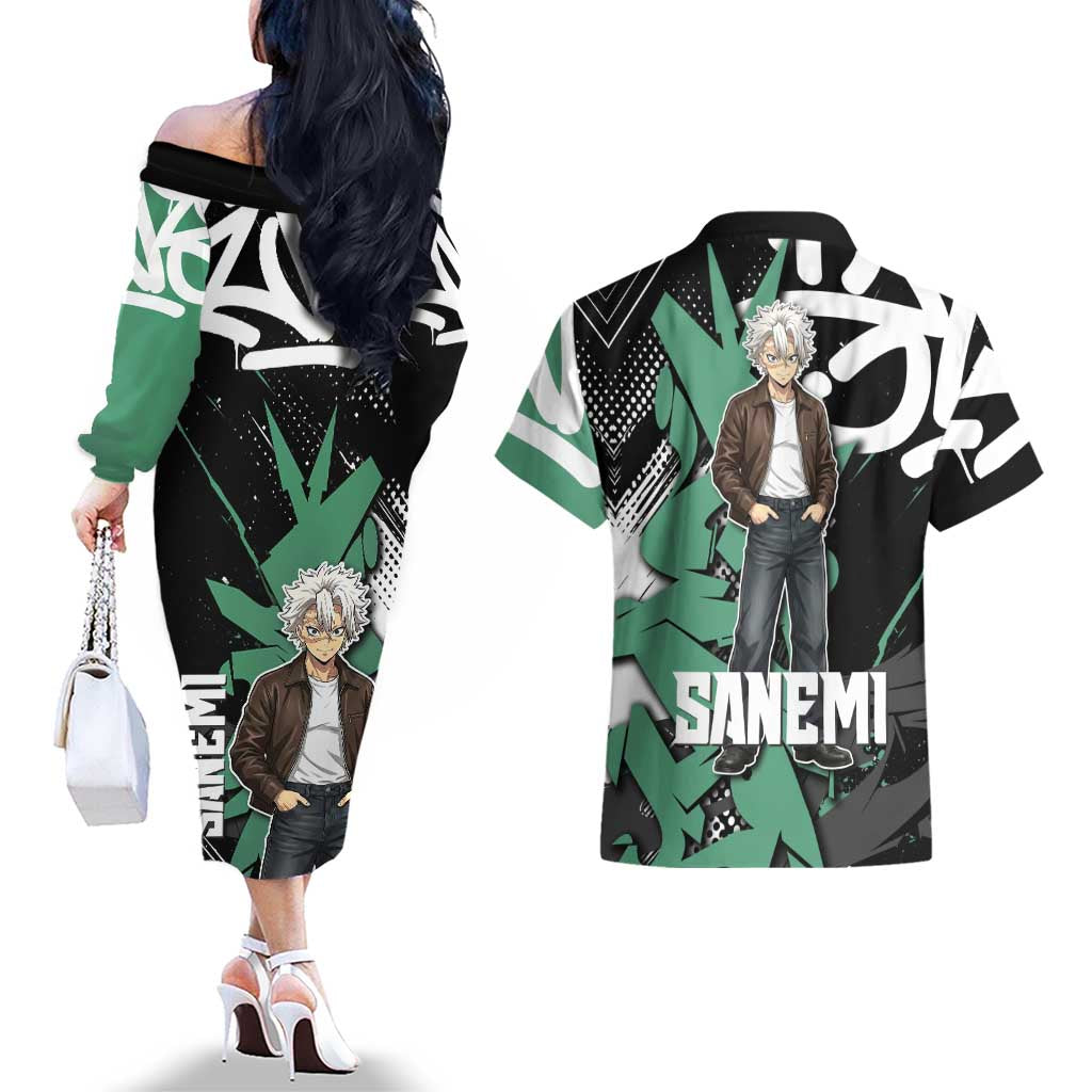 Sanemi Demon Slayer Couples Matching Off The Shoulder Long Sleeve Dress and Hawaiian Shirt Graffiti Street Anime Design
