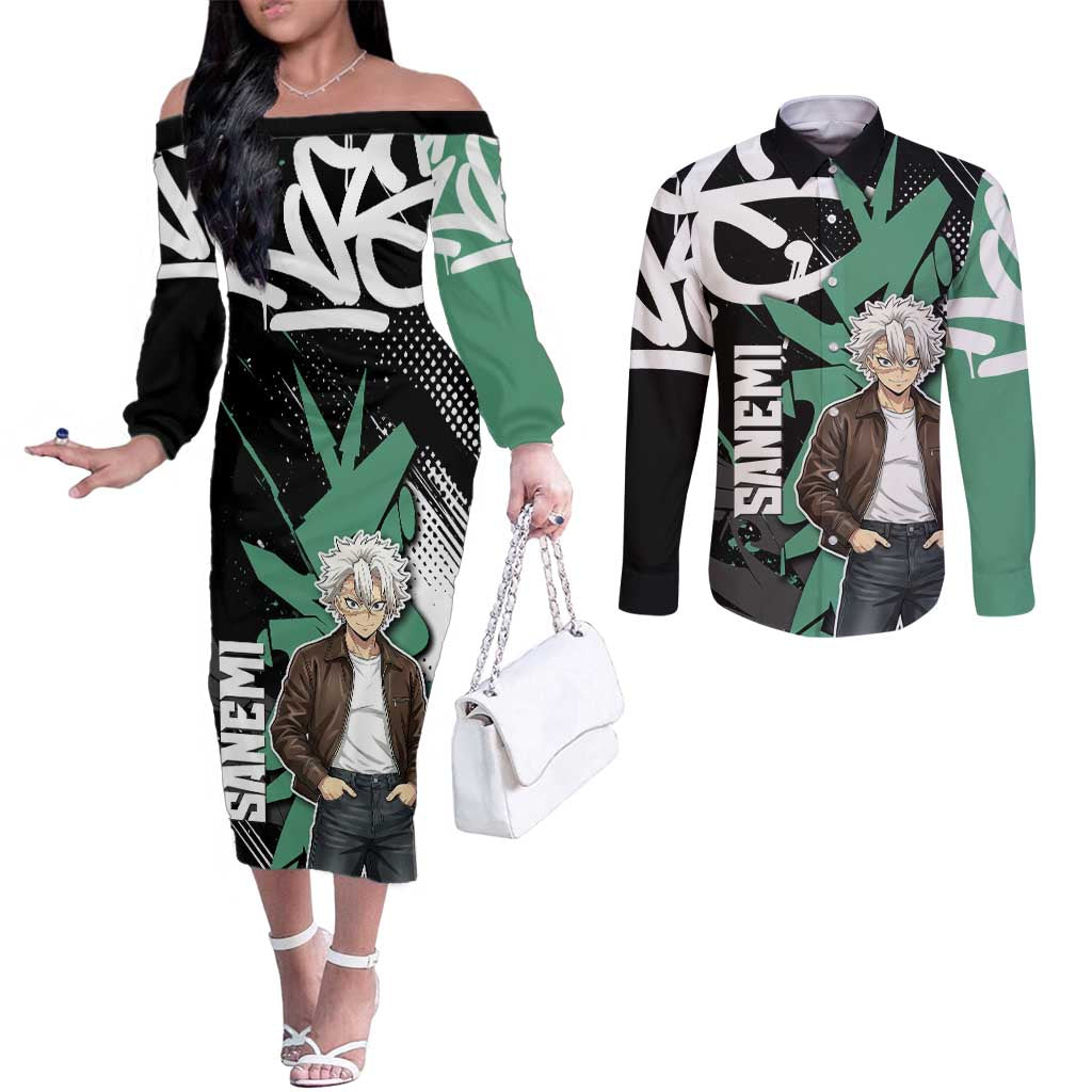 Sanemi Demon Slayer Couples Matching Off The Shoulder Long Sleeve Dress and Long Sleeve Button Shirt Graffiti Street Anime Design