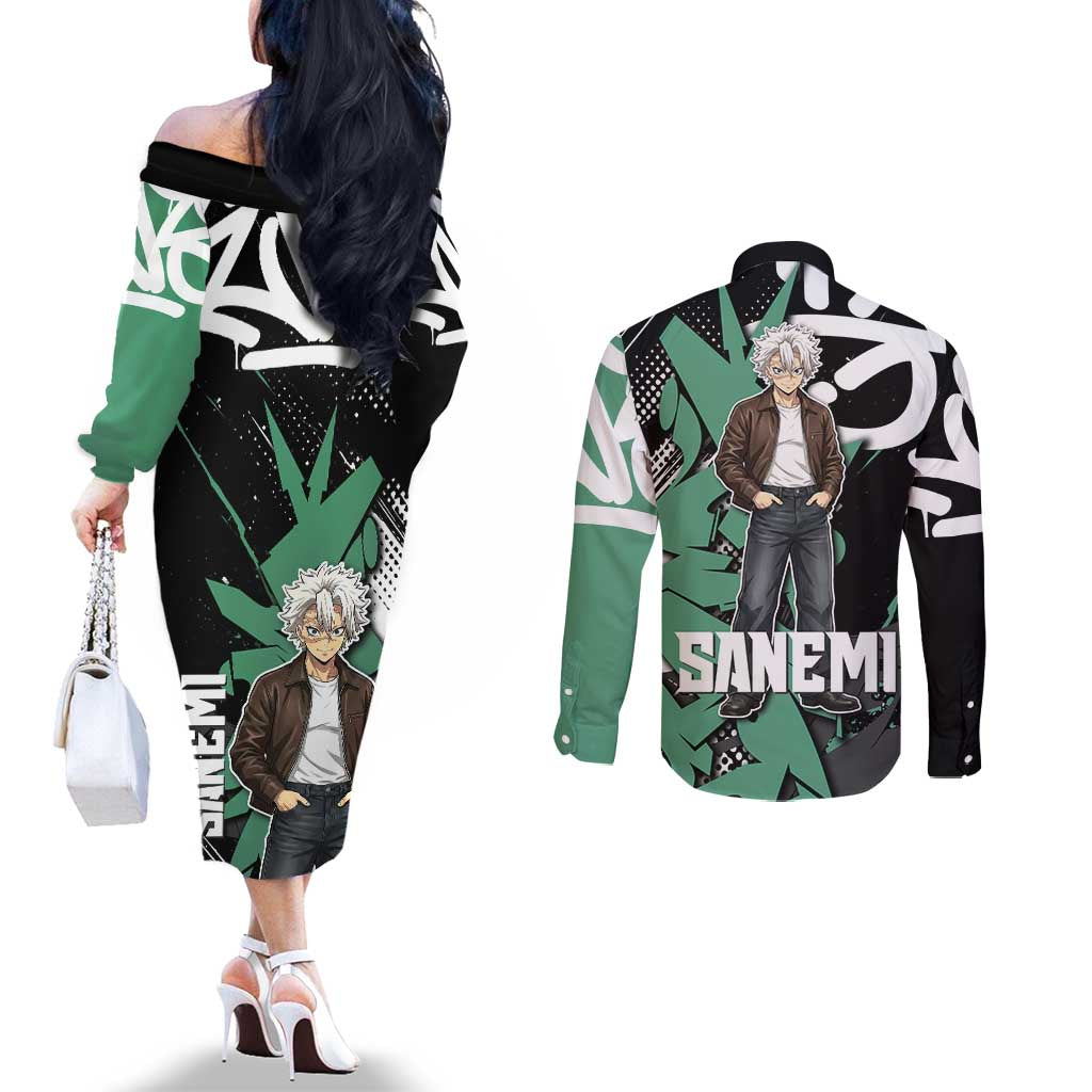 Sanemi Demon Slayer Couples Matching Off The Shoulder Long Sleeve Dress and Long Sleeve Button Shirt Graffiti Street Anime Design