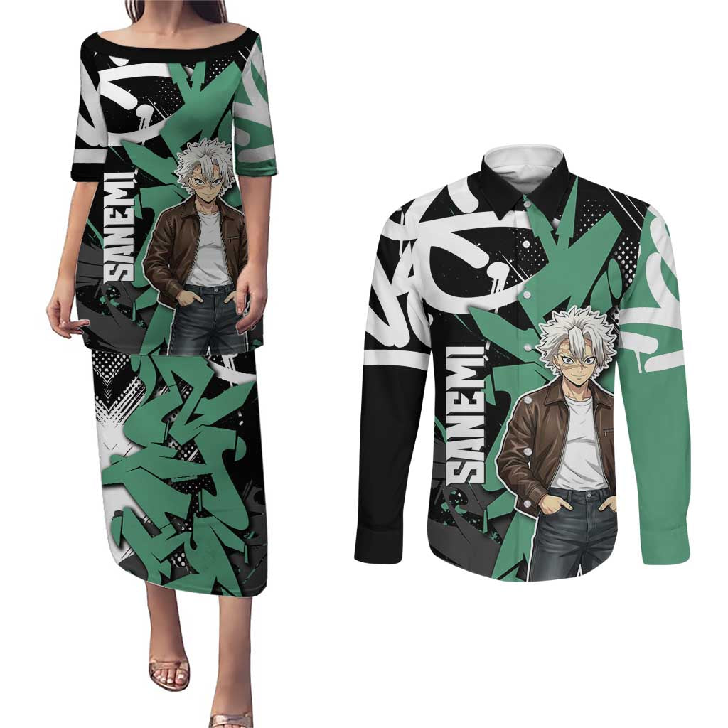 Sanemi Demon Slayer Couples Matching Puletasi and Long Sleeve Button Shirt Graffiti Street Anime Design