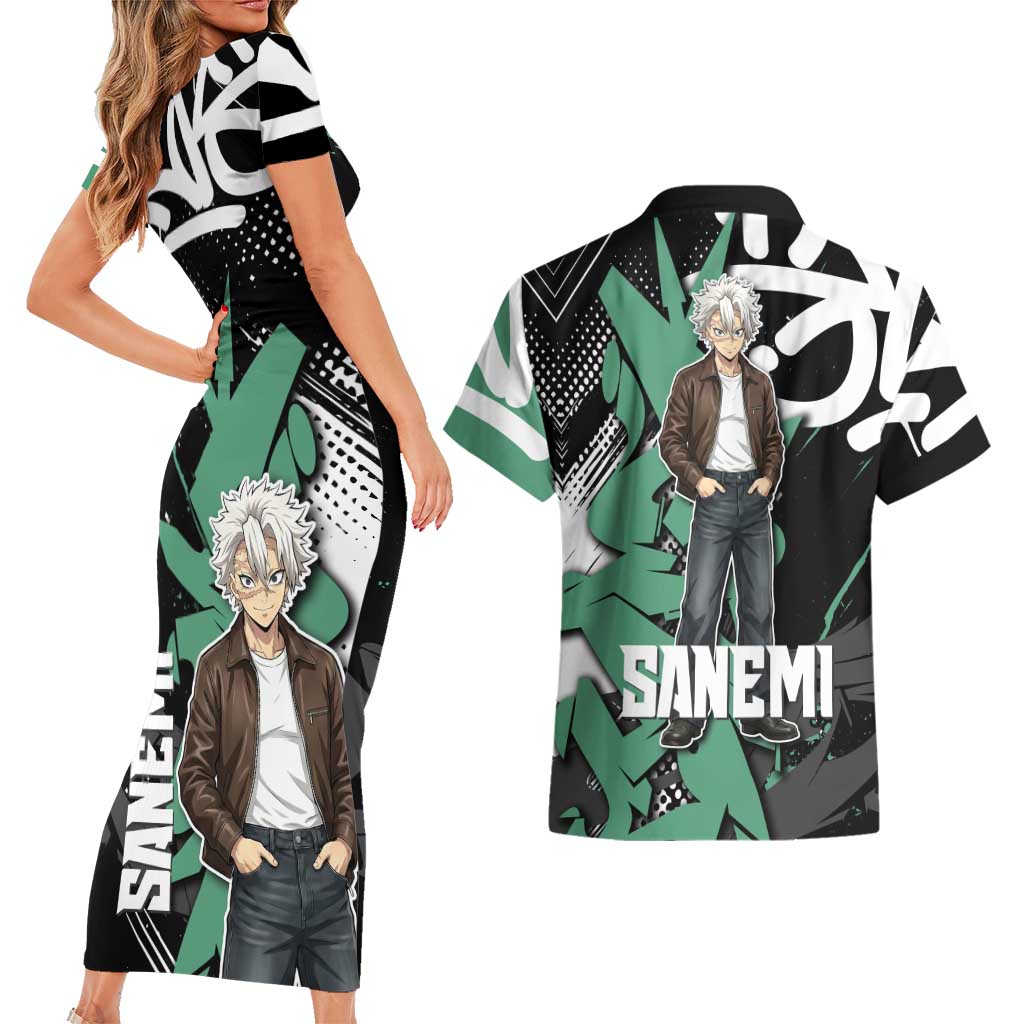 Sanemi Demon Slayer Couples Matching Short Sleeve Bodycon Dress and Hawaiian Shirt Graffiti Street Anime Design