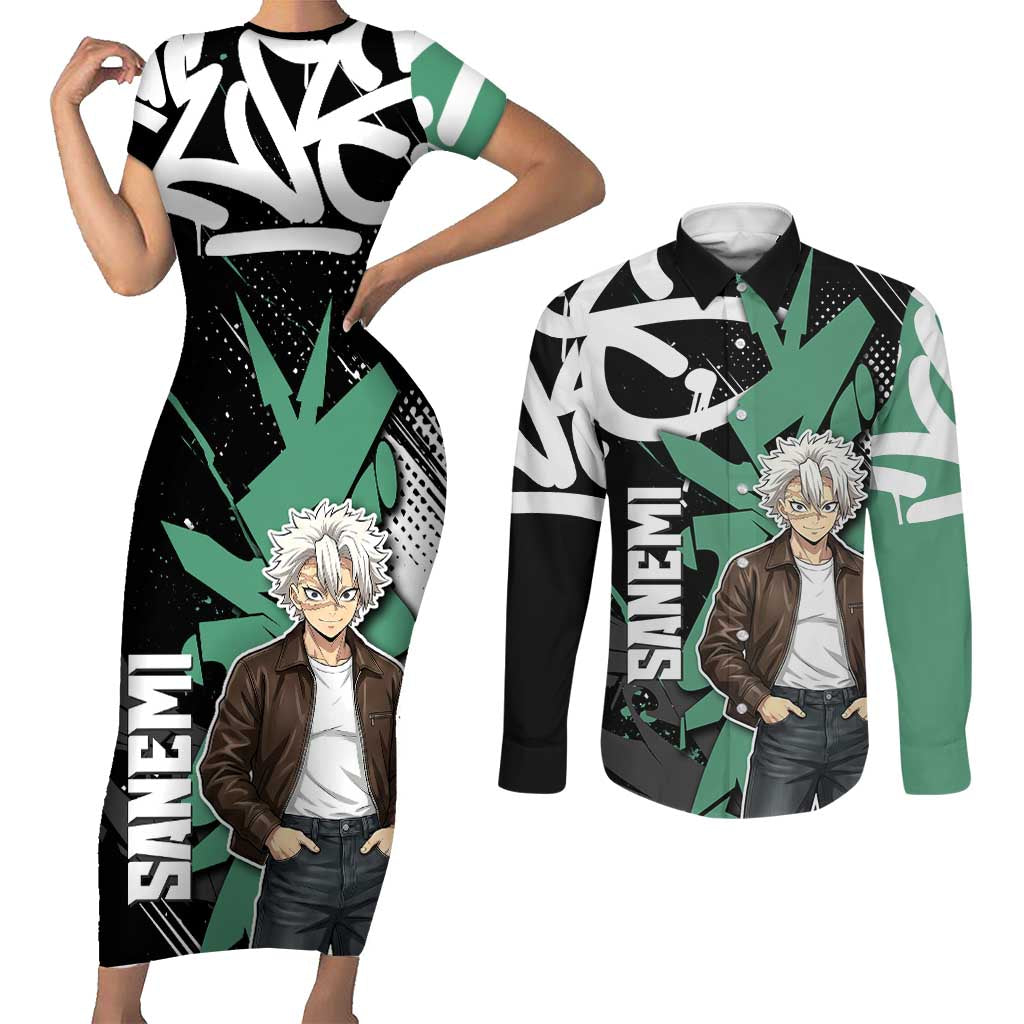 Sanemi Demon Slayer Couples Matching Short Sleeve Bodycon Dress and Long Sleeve Button Shirt Graffiti Street Anime Design