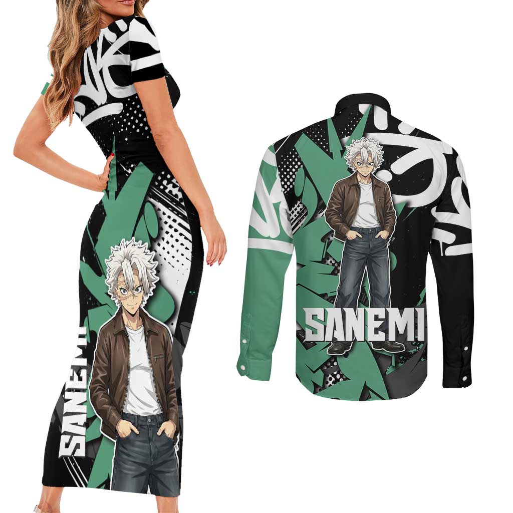 Sanemi Demon Slayer Couples Matching Short Sleeve Bodycon Dress and Long Sleeve Button Shirt Graffiti Street Anime Design