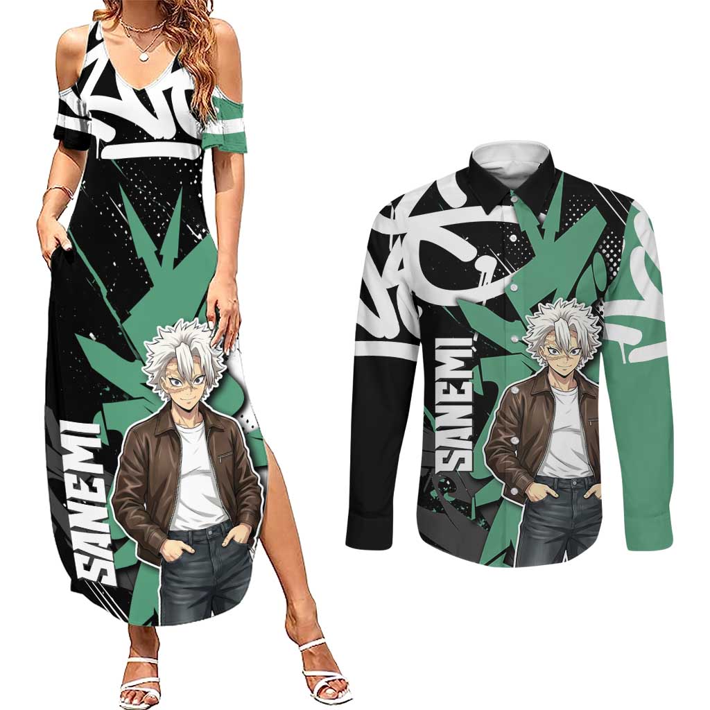 Sanemi Demon Slayer Couples Matching Summer Maxi Dress and Long Sleeve Button Shirt Graffiti Street Anime Design
