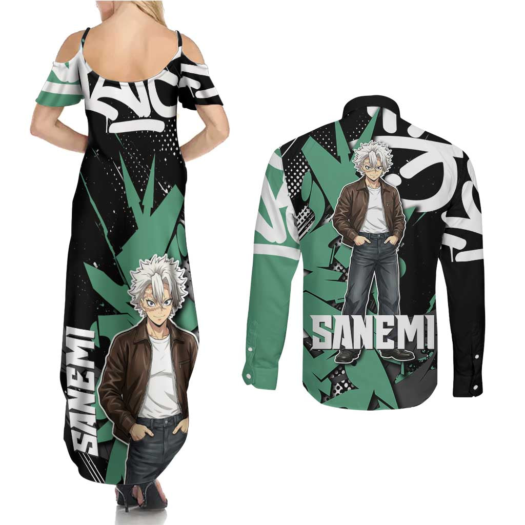 Sanemi Demon Slayer Couples Matching Summer Maxi Dress and Long Sleeve Button Shirt Graffiti Street Anime Design