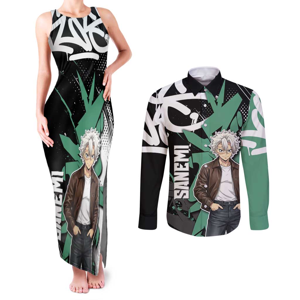 Sanemi Demon Slayer Couples Matching Tank Maxi Dress and Long Sleeve Button Shirt Graffiti Street Anime Design