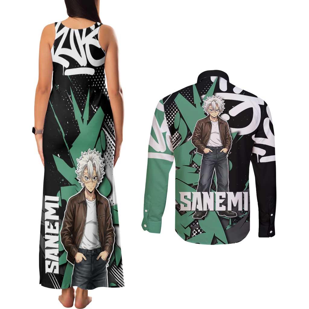 Sanemi Demon Slayer Couples Matching Tank Maxi Dress and Long Sleeve Button Shirt Graffiti Street Anime Design