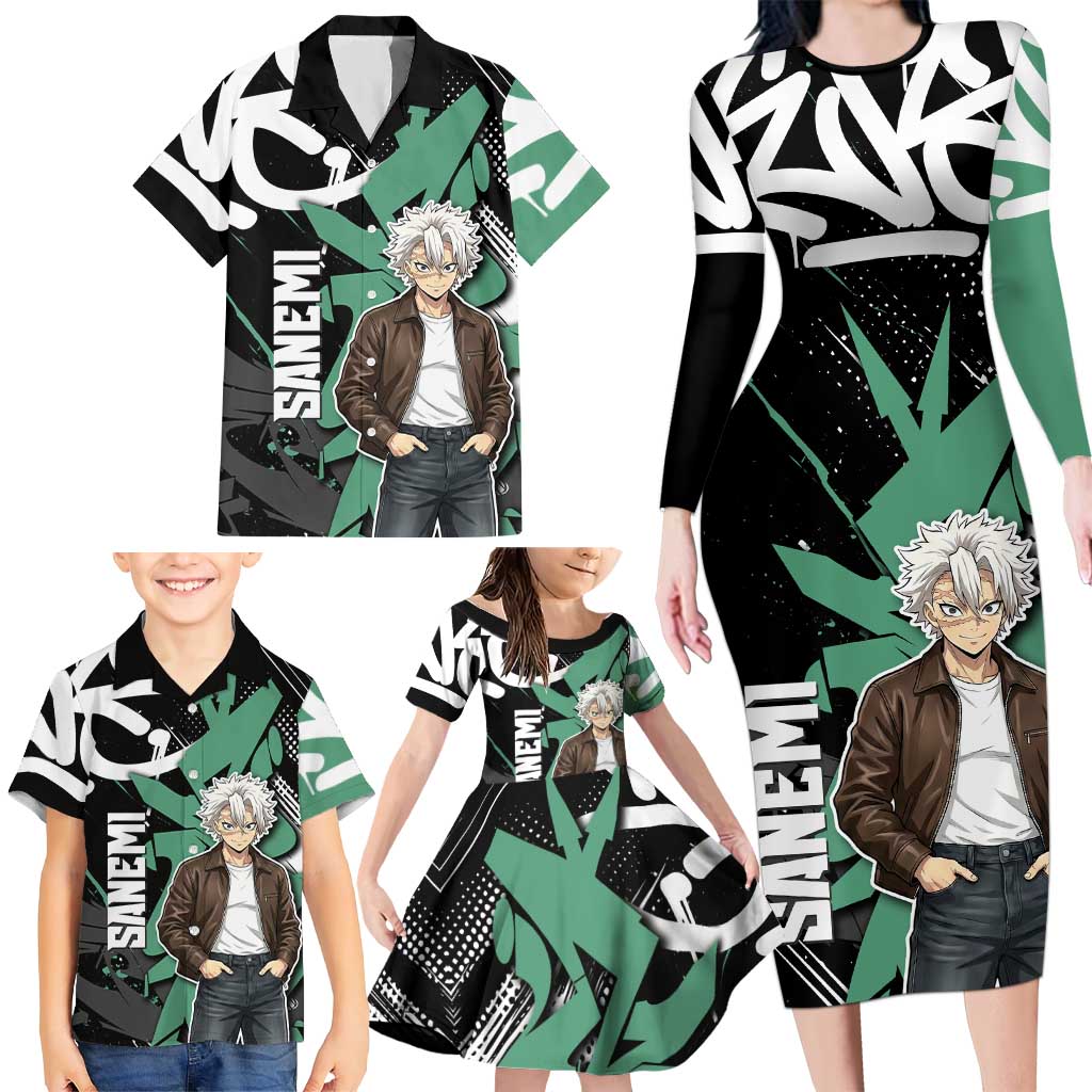 Sanemi Demon Slayer Family Matching Long Sleeve Bodycon Dress and Hawaiian Shirt Graffiti Street Anime Design