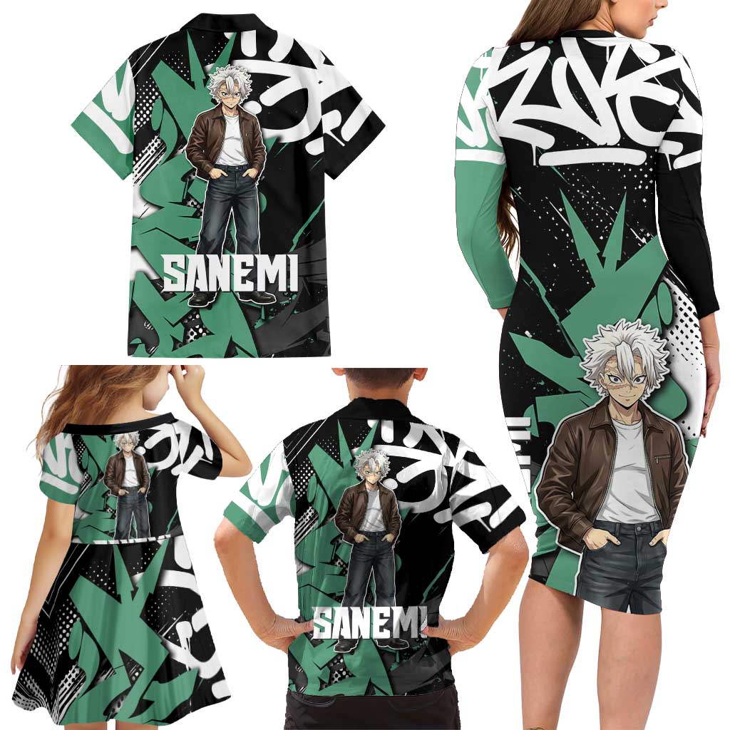 Sanemi Demon Slayer Family Matching Long Sleeve Bodycon Dress and Hawaiian Shirt Graffiti Street Anime Design