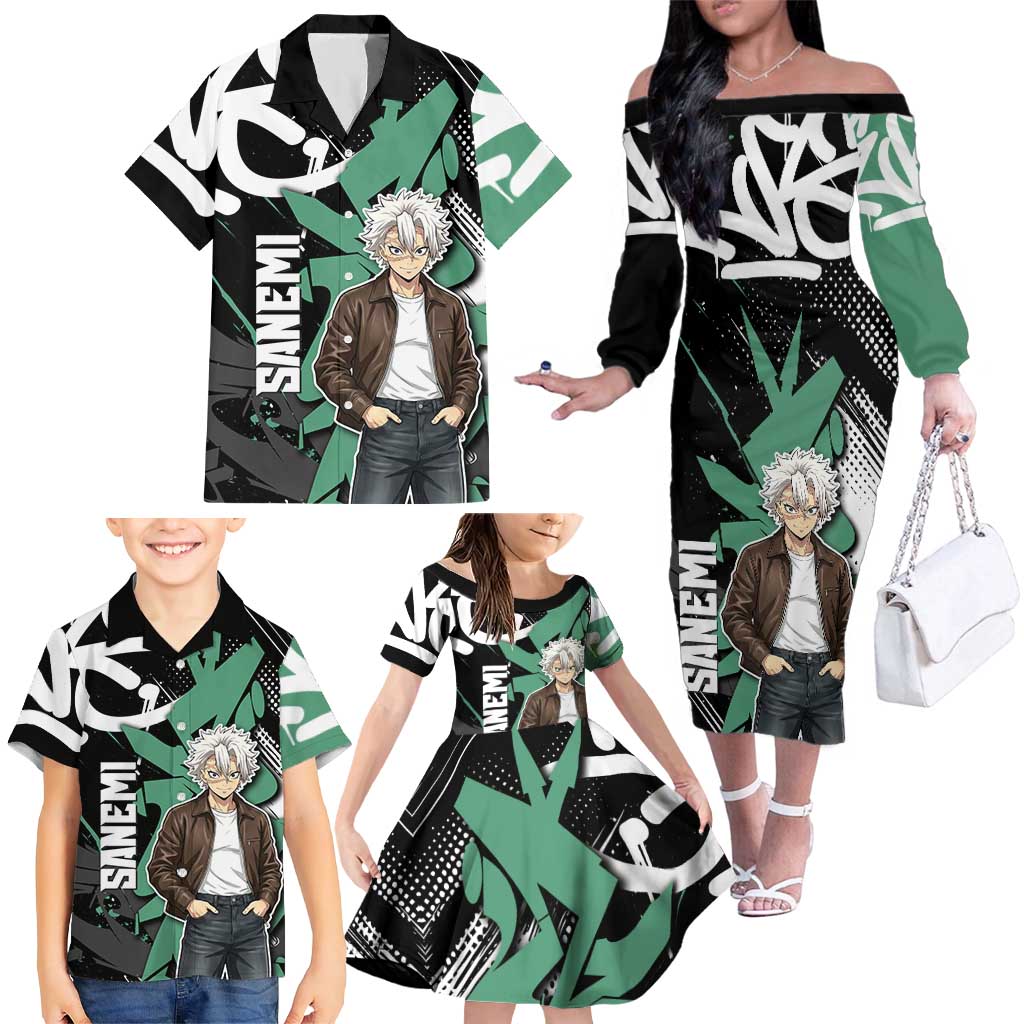 Sanemi Demon Slayer Family Matching Off The Shoulder Long Sleeve Dress and Hawaiian Shirt Graffiti Street Anime Design