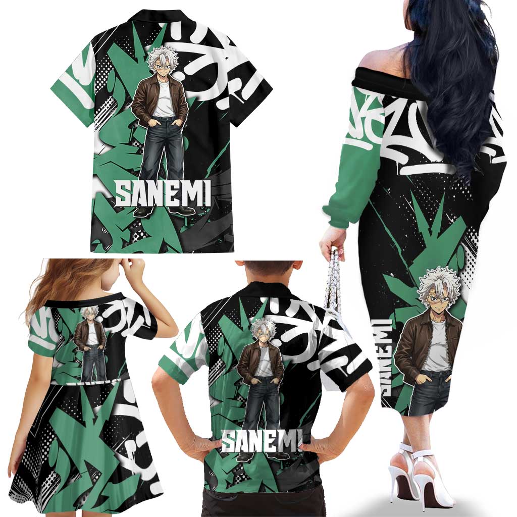 Sanemi Demon Slayer Family Matching Off The Shoulder Long Sleeve Dress and Hawaiian Shirt Graffiti Street Anime Design