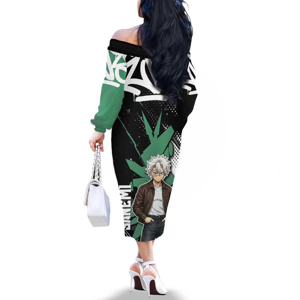 Sanemi Demon Slayer Family Matching Off The Shoulder Long Sleeve Dress and Hawaiian Shirt Graffiti Street Anime Design