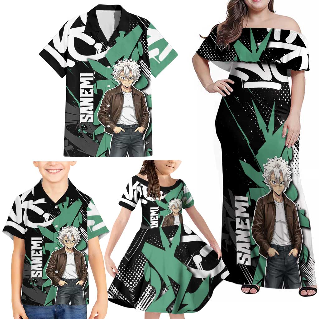 Sanemi Demon Slayer Family Matching Off Shoulder Maxi Dress and Hawaiian Shirt Graffiti Street Anime Design