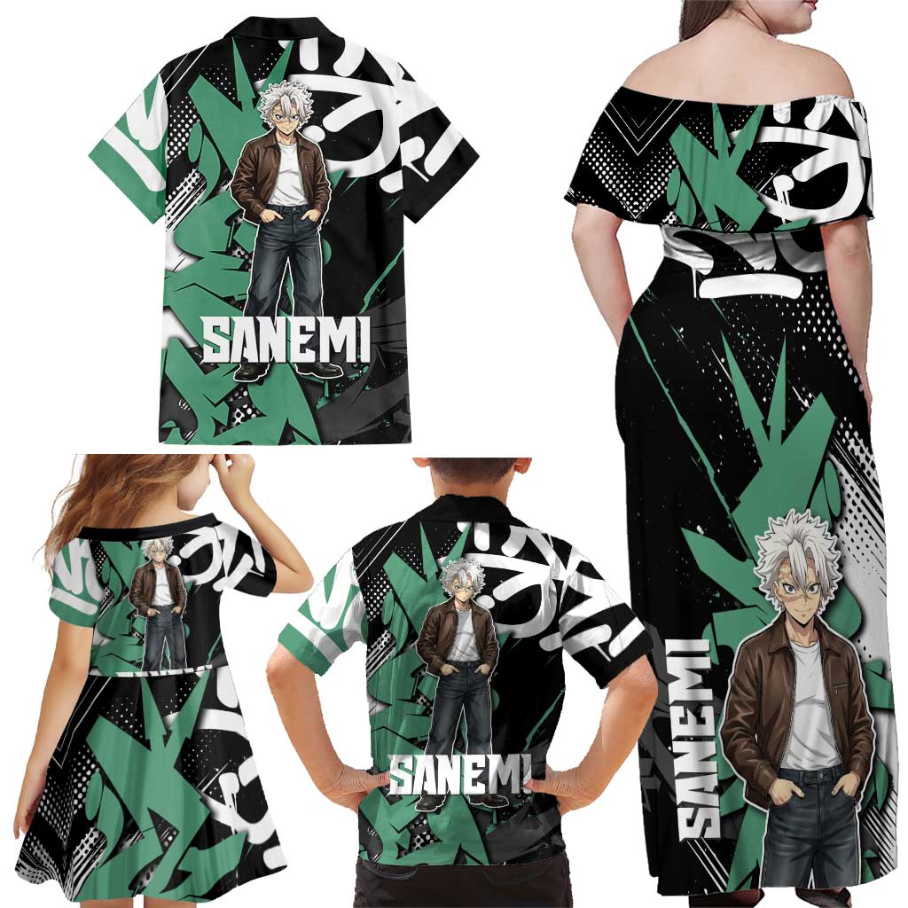 Sanemi Demon Slayer Family Matching Off Shoulder Maxi Dress and Hawaiian Shirt Graffiti Street Anime Design