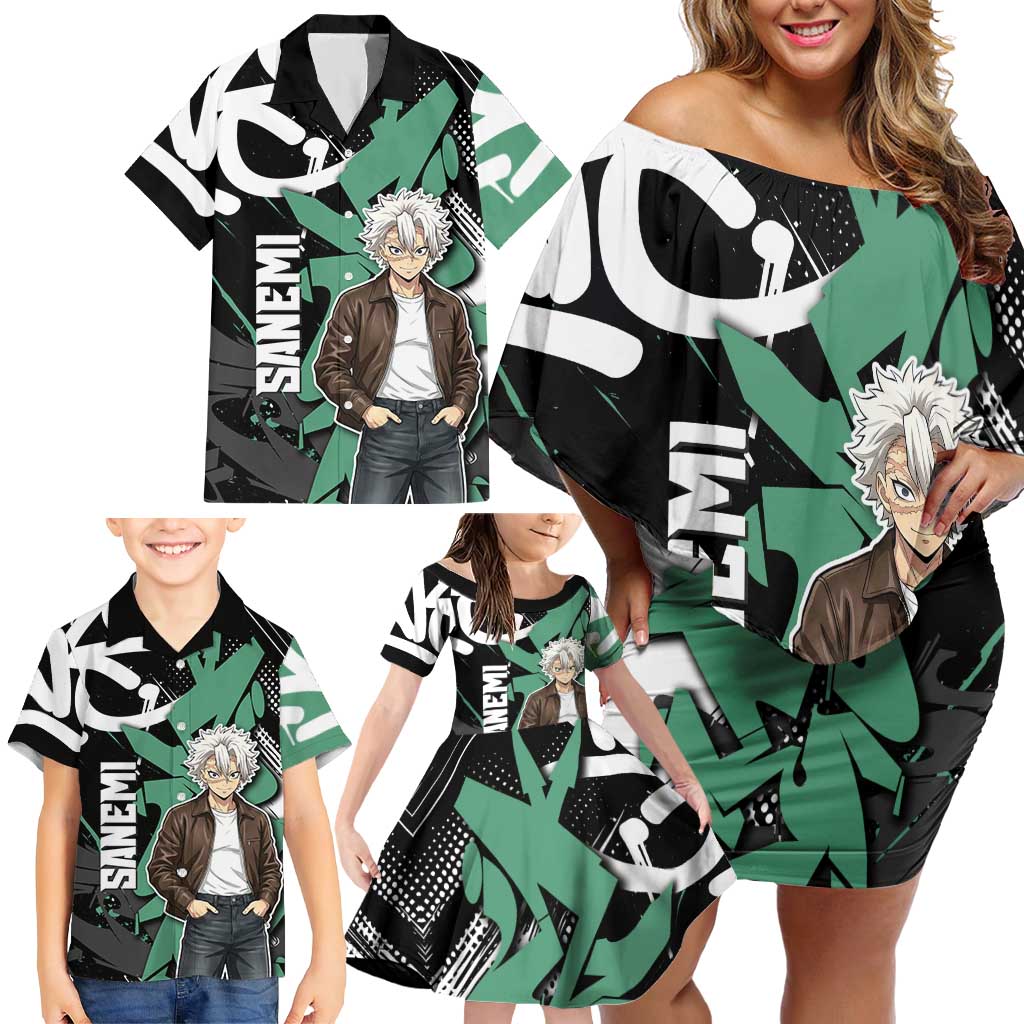 Sanemi Demon Slayer Family Matching Off Shoulder Short Dress and Hawaiian Shirt Graffiti Street Anime Design