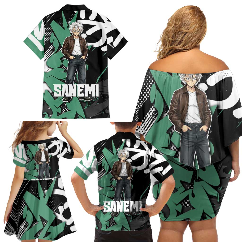 Sanemi Demon Slayer Family Matching Off Shoulder Short Dress and Hawaiian Shirt Graffiti Street Anime Design