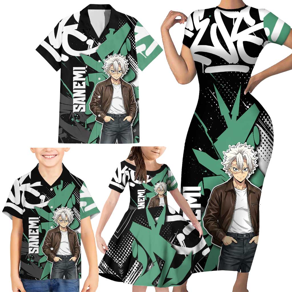 Sanemi Demon Slayer Family Matching Short Sleeve Bodycon Dress and Hawaiian Shirt Graffiti Street Anime Design