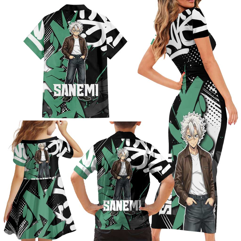 Sanemi Demon Slayer Family Matching Short Sleeve Bodycon Dress and Hawaiian Shirt Graffiti Street Anime Design