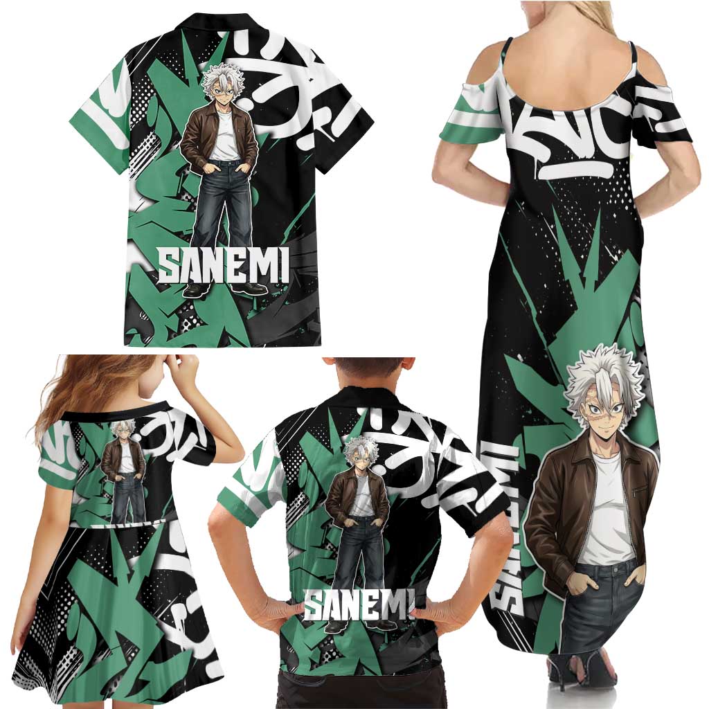 Sanemi Demon Slayer Family Matching Summer Maxi Dress and Hawaiian Shirt Graffiti Street Anime Design