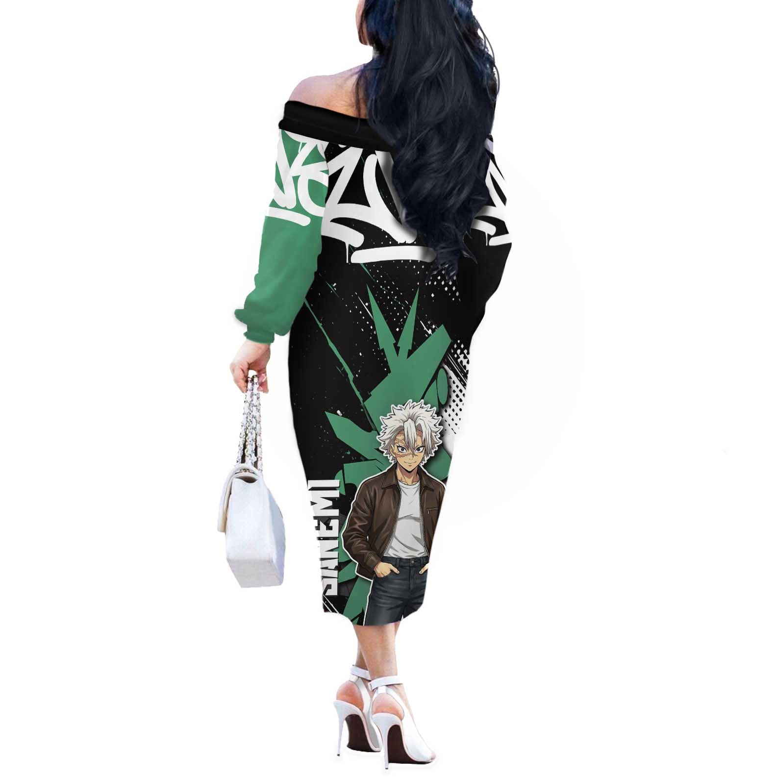 Sanemi Demon Slayer Off The Shoulder Long Sleeve Dress Graffiti Street Anime Design
