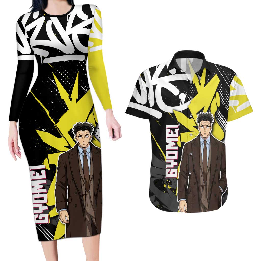 Gyomei Demon Slayer Couples Matching Long Sleeve Bodycon Dress and Hawaiian Shirt Urban Graffiti Anime Style