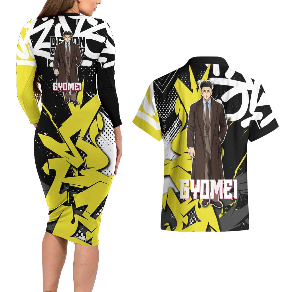 Gyomei Demon Slayer Couples Matching Long Sleeve Bodycon Dress and Hawaiian Shirt Urban Graffiti Anime Style
