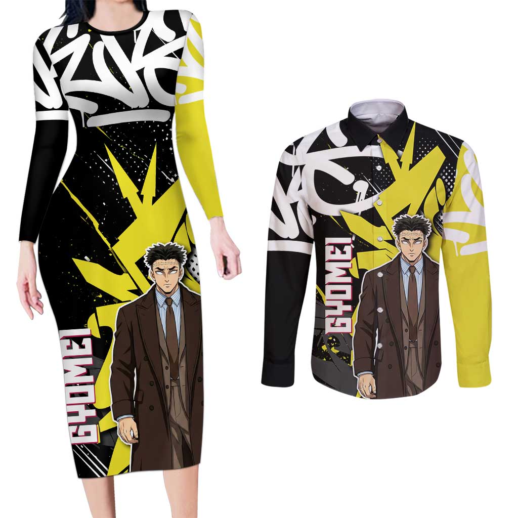 Gyomei Demon Slayer Couples Matching Long Sleeve Bodycon Dress and Long Sleeve Button Shirt Urban Graffiti Anime Style