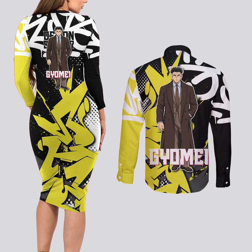 Gyomei Demon Slayer Couples Matching Long Sleeve Bodycon Dress and Long Sleeve Button Shirt Urban Graffiti Anime Style