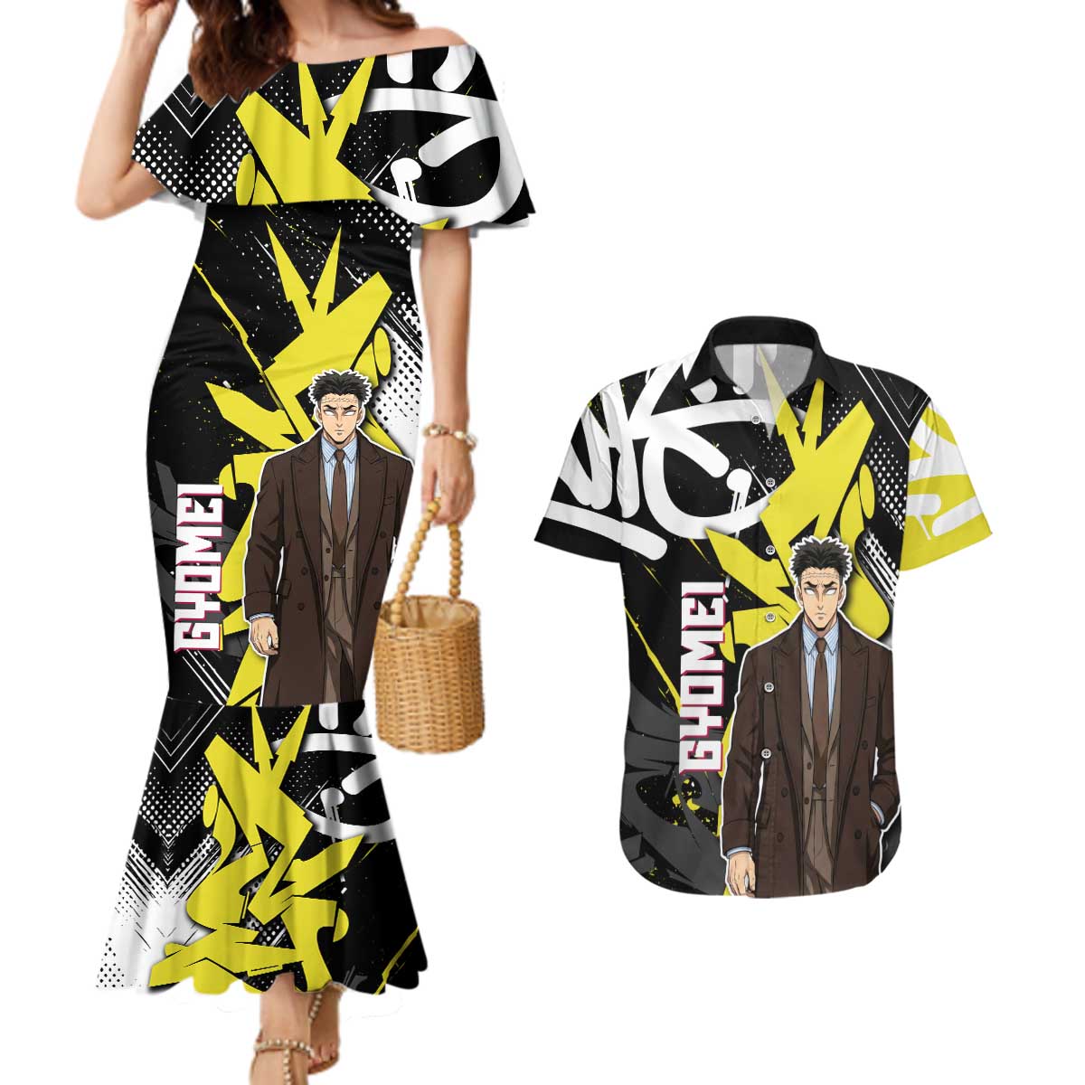 Gyomei Demon Slayer Couples Matching Mermaid Dress and Hawaiian Shirt Urban Graffiti Anime Style