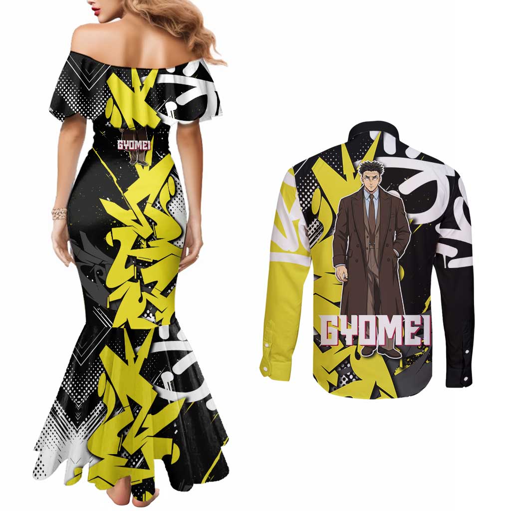 Gyomei Demon Slayer Couples Matching Mermaid Dress and Long Sleeve Button Shirt Urban Graffiti Anime Style