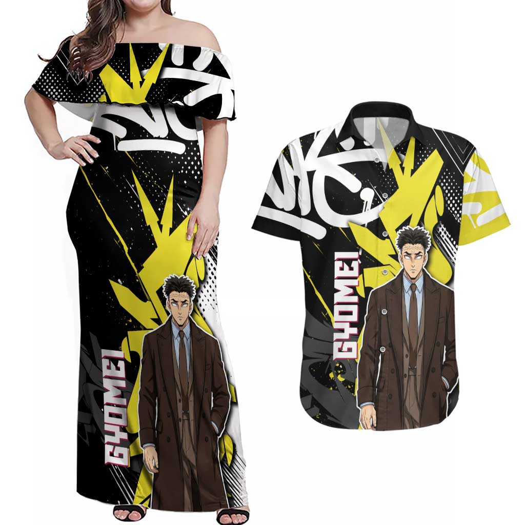 Gyomei Demon Slayer Couples Matching Off Shoulder Maxi Dress and Hawaiian Shirt Urban Graffiti Anime Style