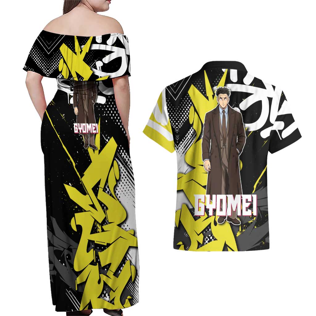 Gyomei Demon Slayer Couples Matching Off Shoulder Maxi Dress and Hawaiian Shirt Urban Graffiti Anime Style
