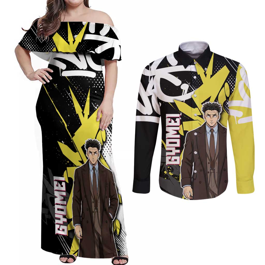 Gyomei Demon Slayer Couples Matching Off Shoulder Maxi Dress and Long Sleeve Button Shirt Urban Graffiti Anime Style