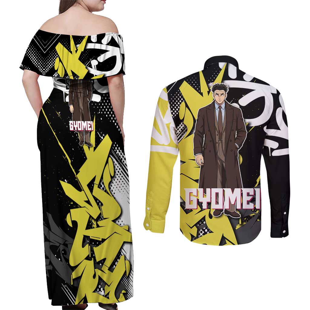 Gyomei Demon Slayer Couples Matching Off Shoulder Maxi Dress and Long Sleeve Button Shirt Urban Graffiti Anime Style