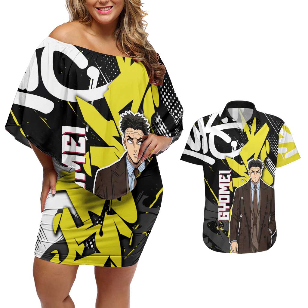Gyomei Demon Slayer Couples Matching Off Shoulder Short Dress and Hawaiian Shirt Urban Graffiti Anime Style