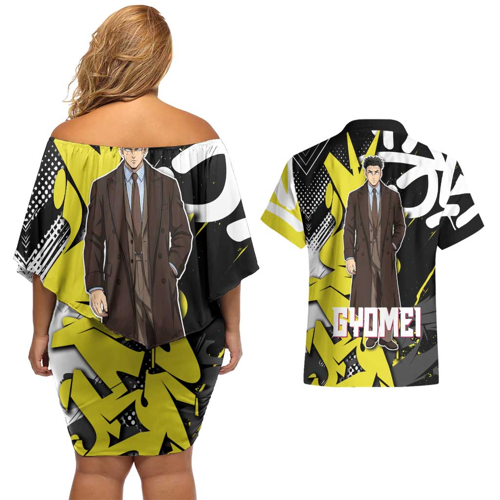 Gyomei Demon Slayer Couples Matching Off Shoulder Short Dress and Hawaiian Shirt Urban Graffiti Anime Style