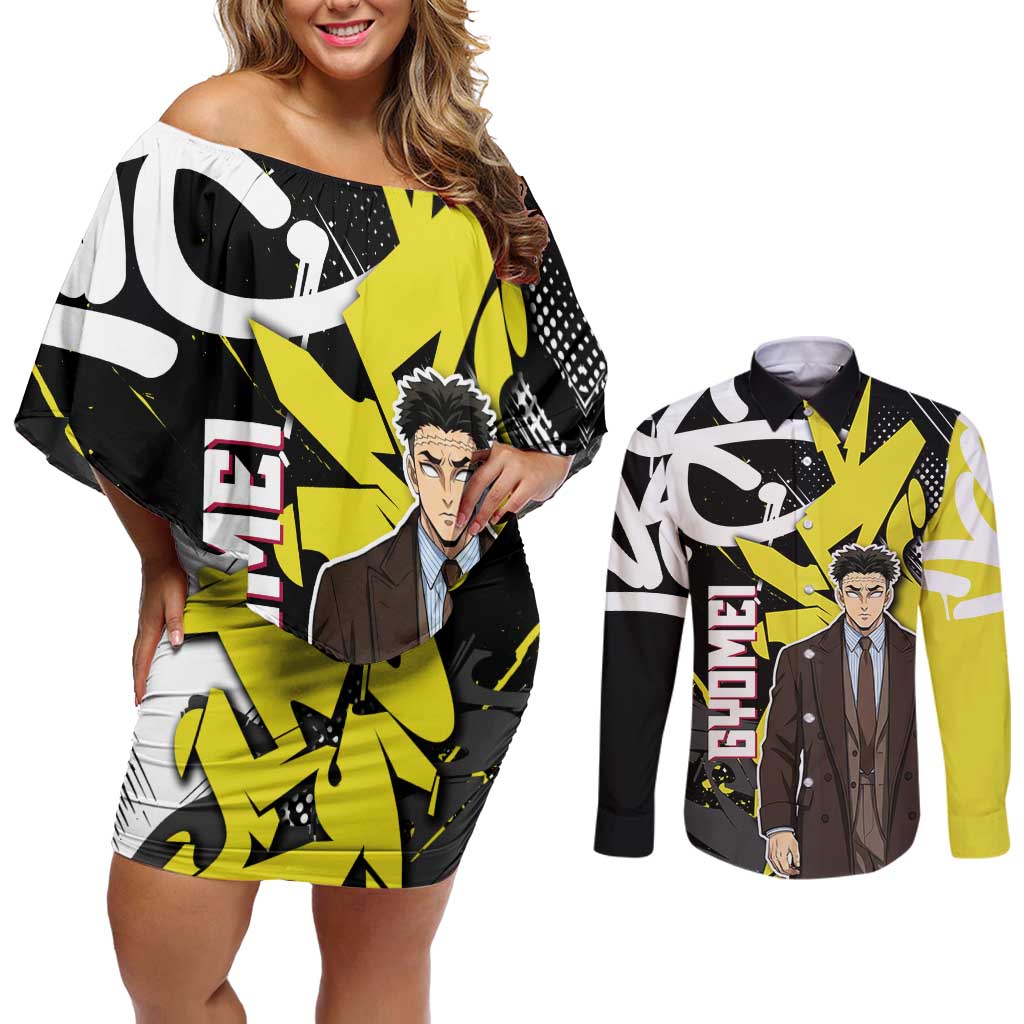 Gyomei Demon Slayer Couples Matching Off Shoulder Short Dress and Long Sleeve Button Shirt Urban Graffiti Anime Style