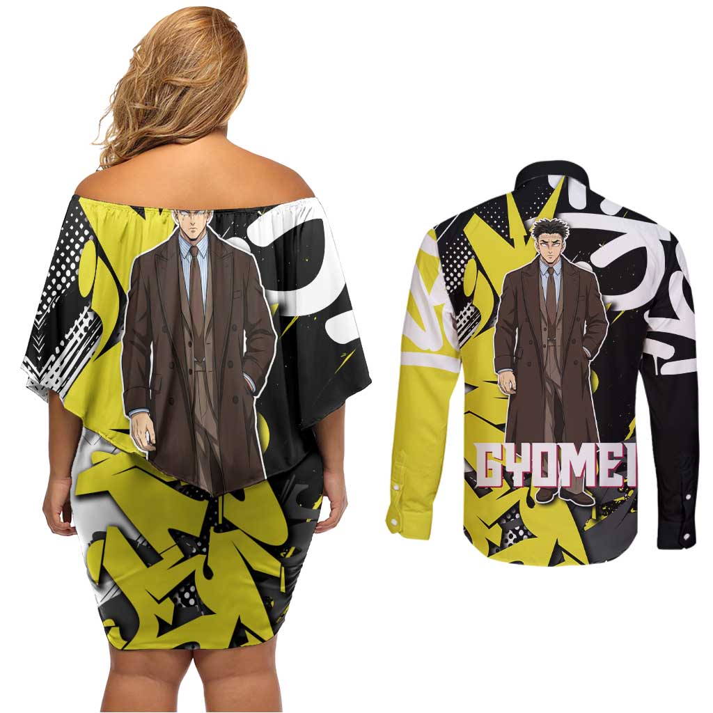 Gyomei Demon Slayer Couples Matching Off Shoulder Short Dress and Long Sleeve Button Shirt Urban Graffiti Anime Style