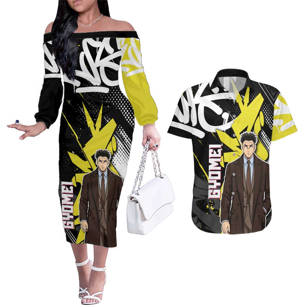 Gyomei Demon Slayer Couples Matching Off The Shoulder Long Sleeve Dress and Hawaiian Shirt Urban Graffiti Anime Style