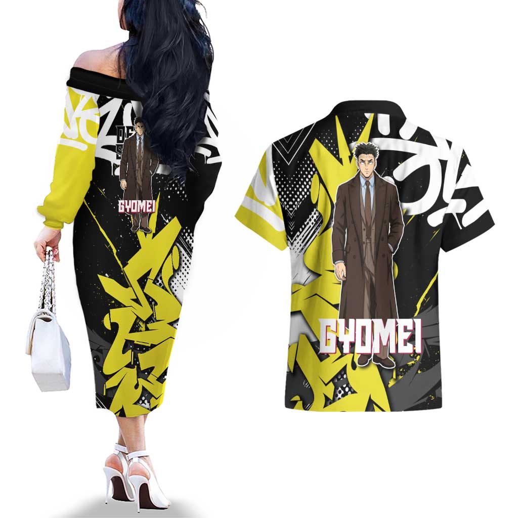 Gyomei Demon Slayer Couples Matching Off The Shoulder Long Sleeve Dress and Hawaiian Shirt Urban Graffiti Anime Style