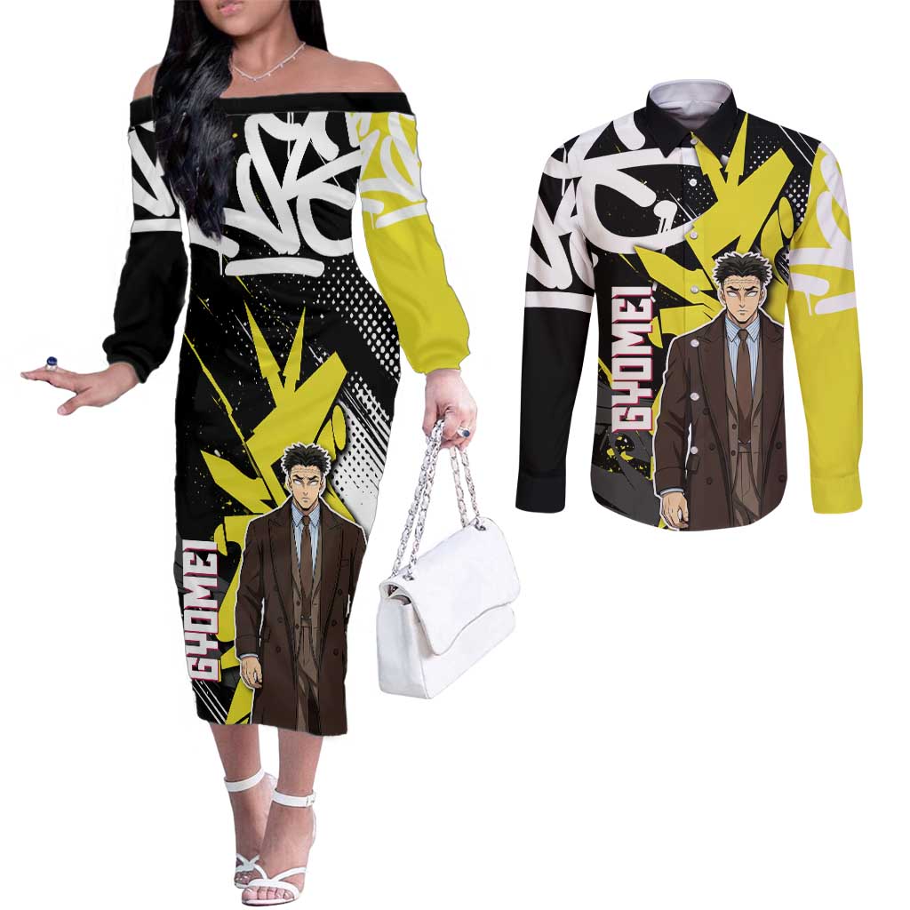 Gyomei Demon Slayer Couples Matching Off The Shoulder Long Sleeve Dress and Long Sleeve Button Shirt Urban Graffiti Anime Style