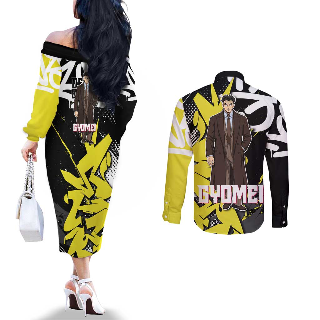 Gyomei Demon Slayer Couples Matching Off The Shoulder Long Sleeve Dress and Long Sleeve Button Shirt Urban Graffiti Anime Style
