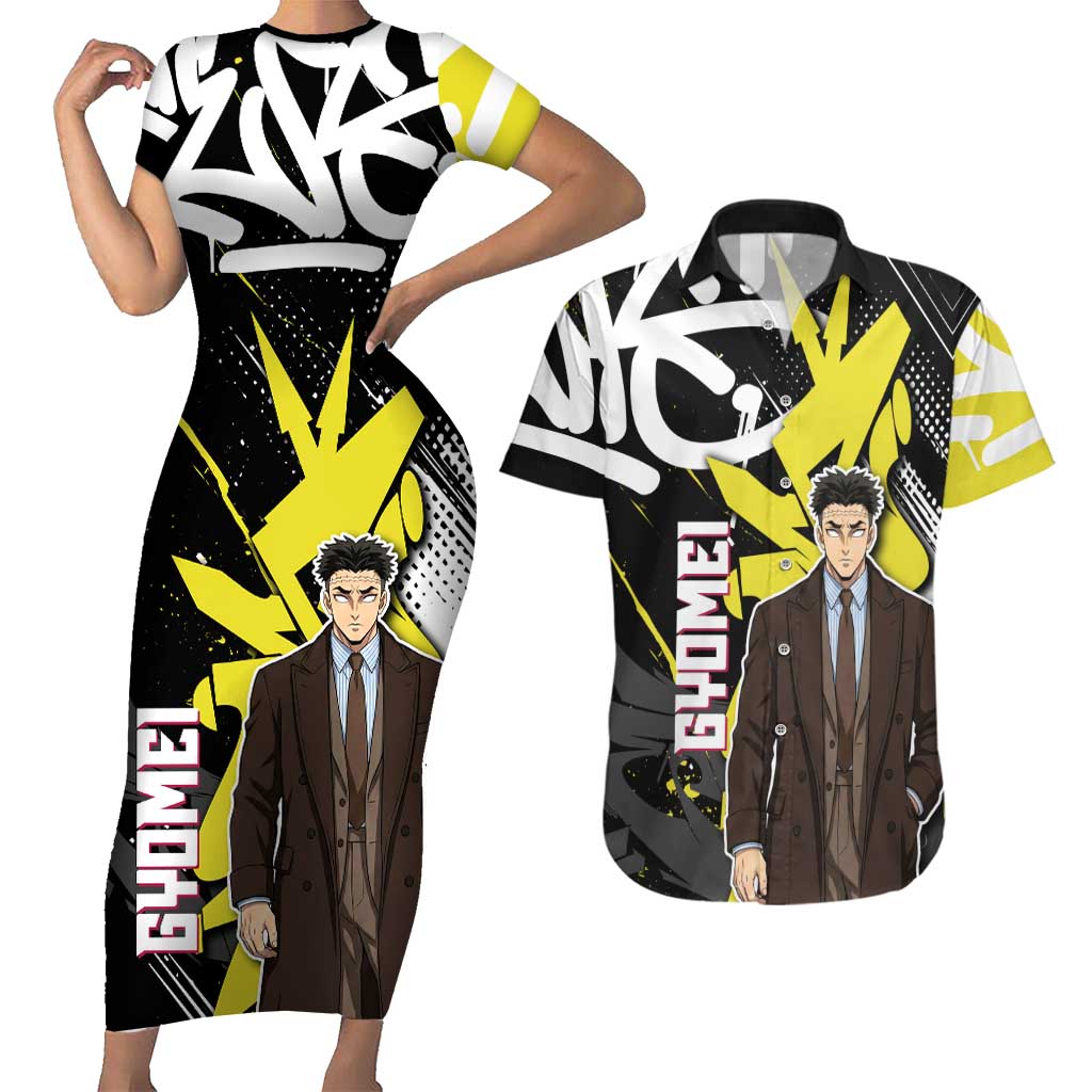 Gyomei Demon Slayer Couples Matching Short Sleeve Bodycon Dress and Hawaiian Shirt Urban Graffiti Anime Style