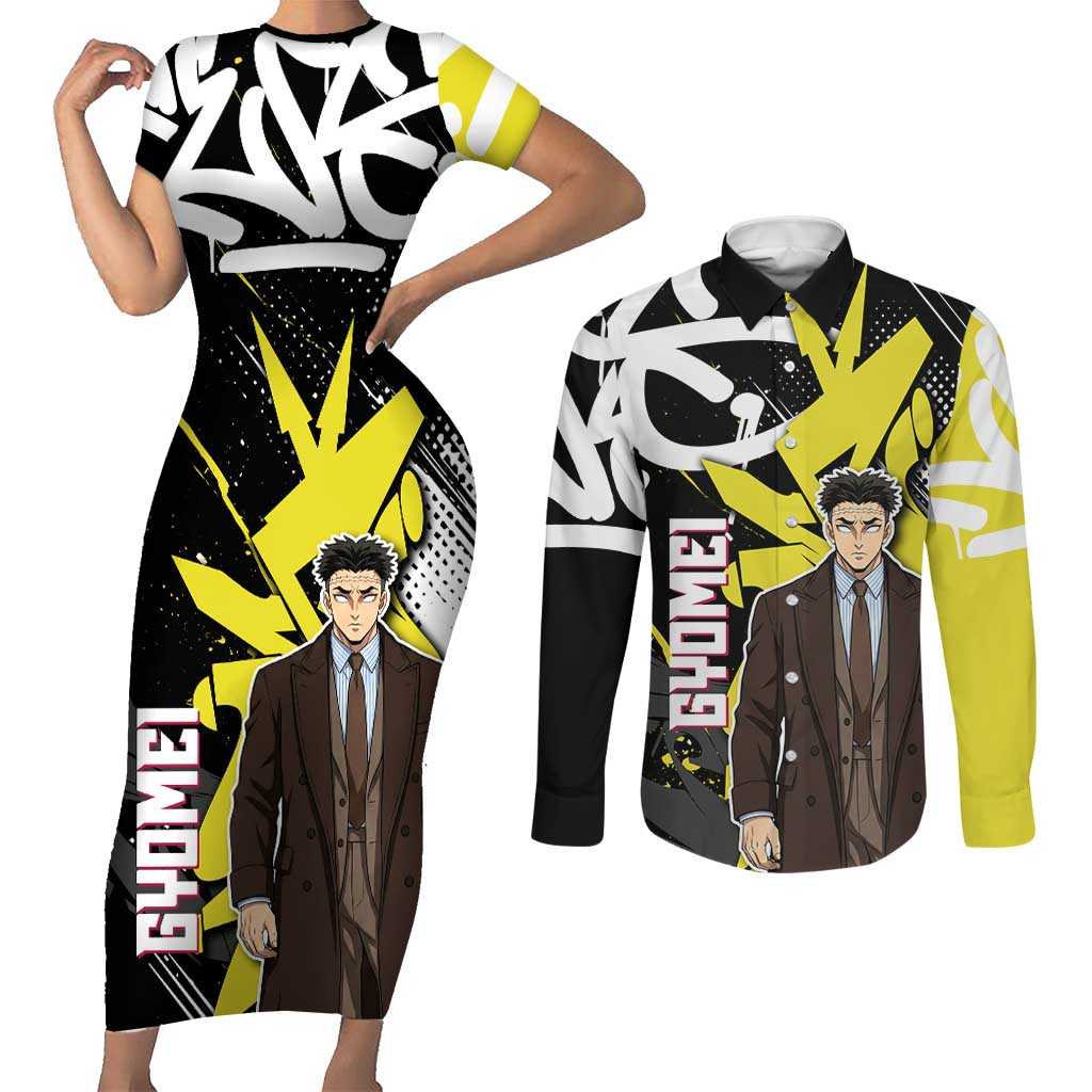 Gyomei Demon Slayer Couples Matching Short Sleeve Bodycon Dress and Long Sleeve Button Shirt Urban Graffiti Anime Style