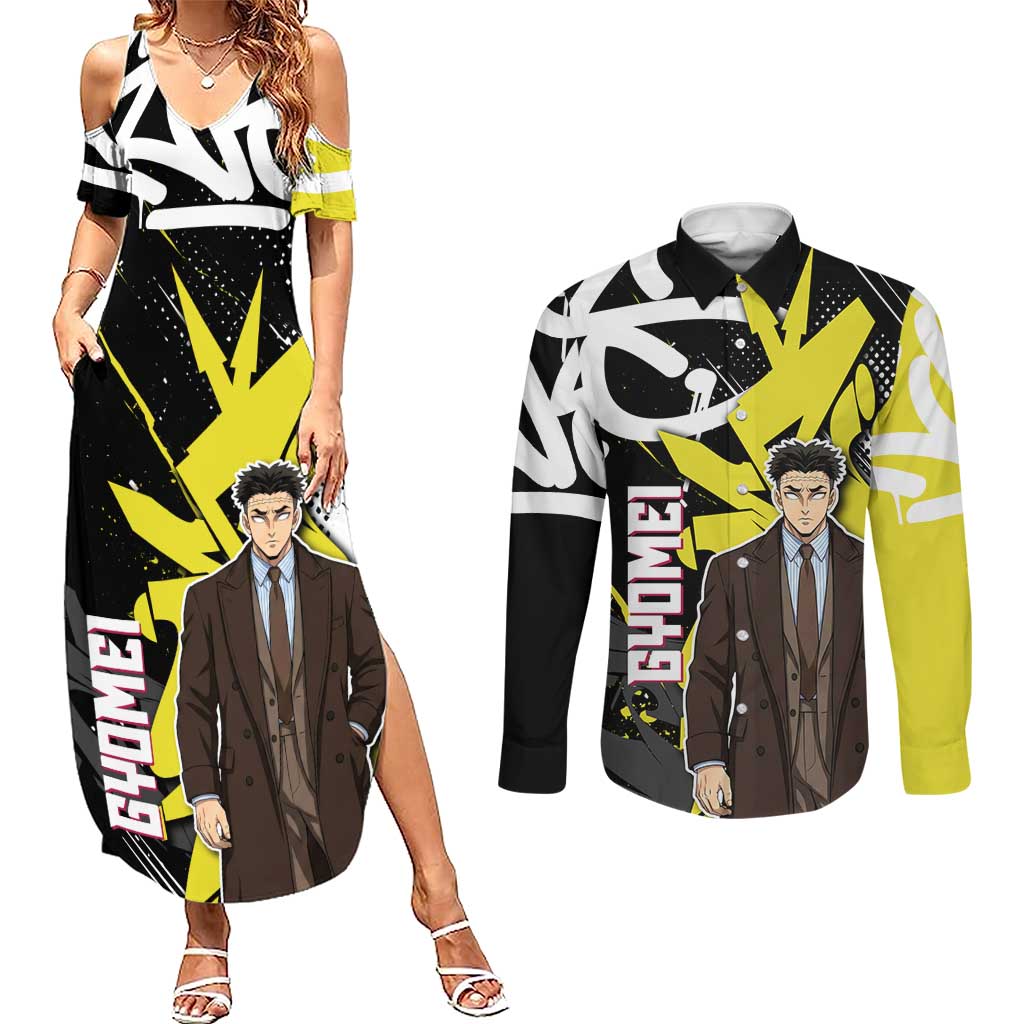 Gyomei Demon Slayer Couples Matching Summer Maxi Dress and Long Sleeve Button Shirt Urban Graffiti Anime Style
