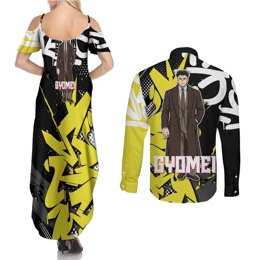 Gyomei Demon Slayer Couples Matching Summer Maxi Dress and Long Sleeve Button Shirt Urban Graffiti Anime Style