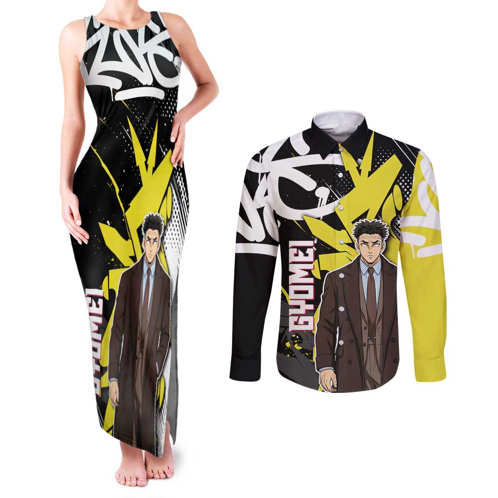 Gyomei Demon Slayer Couples Matching Tank Maxi Dress and Long Sleeve Button Shirt Urban Graffiti Anime Style