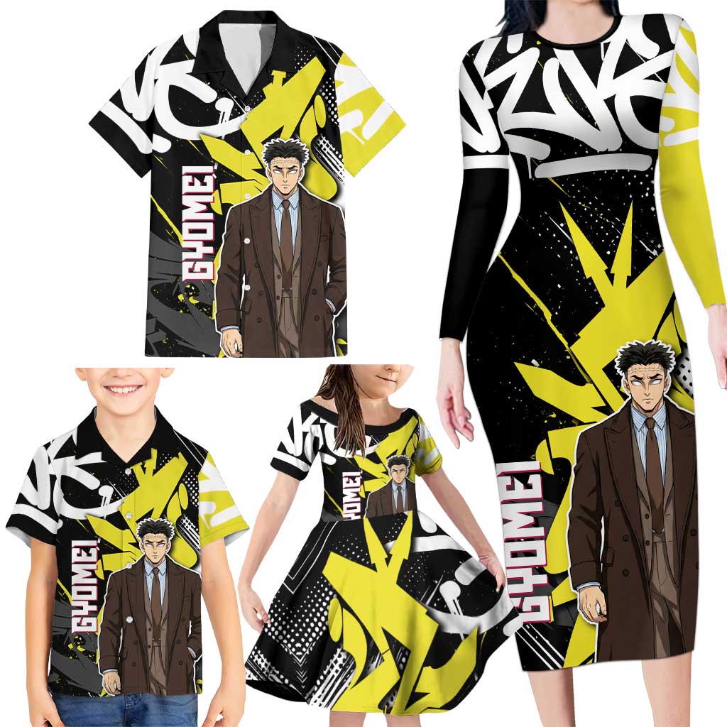 Gyomei Demon Slayer Family Matching Long Sleeve Bodycon Dress and Hawaiian Shirt Urban Graffiti Anime Style